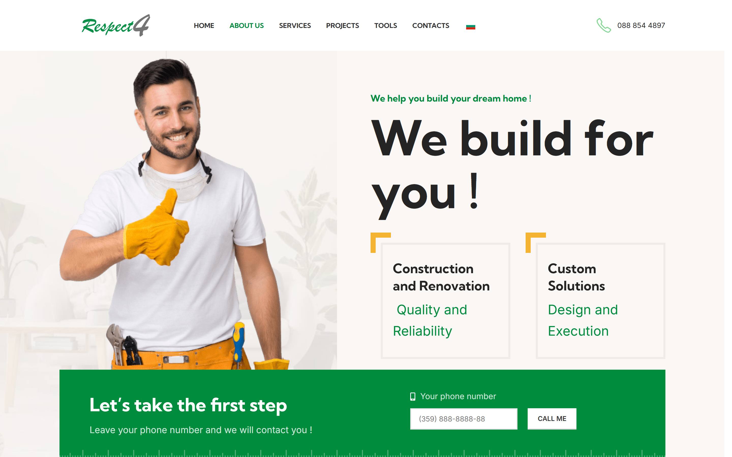 Respect 4: A one-page bilingual website for a construction and renovation company, built around a phone-callback form, with services, a project gallery and a tools section.