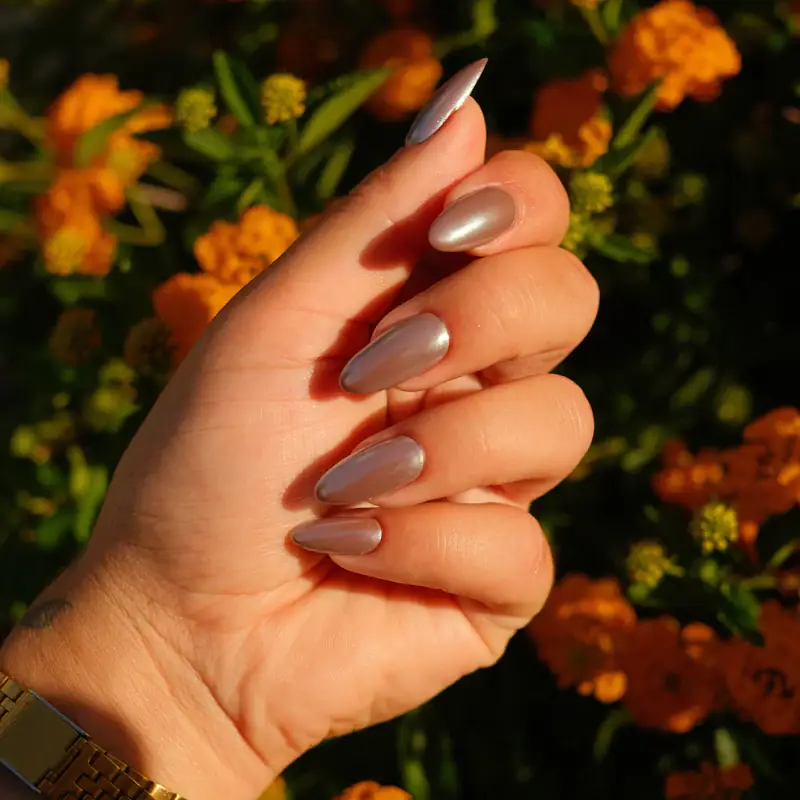 Long almond nails in taupe chrome in front of orange marigolds
