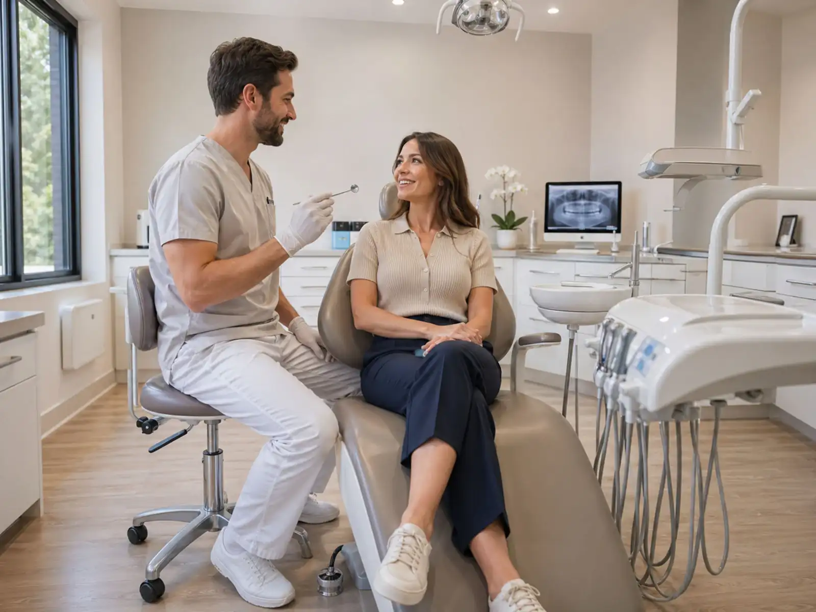 A dentist in light scrubs chatting with a relaxed patient in a bright treatment room