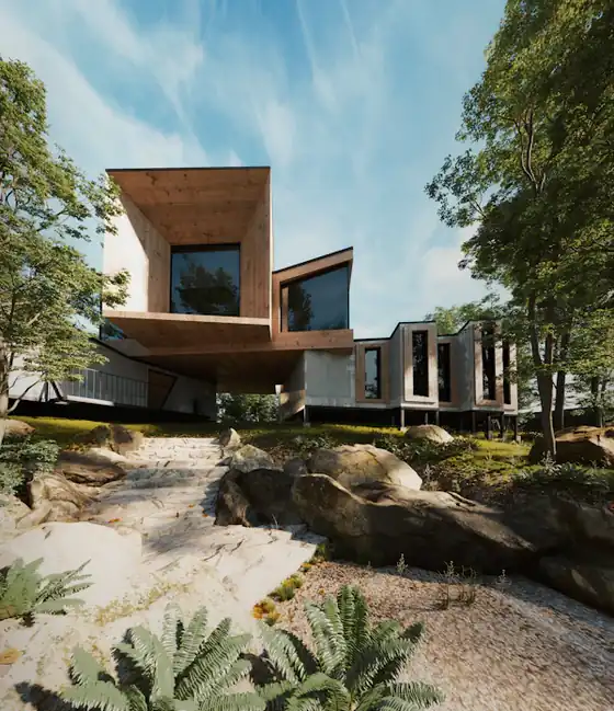 Timber-clad house rising from sandstone boulders among eucalypts
