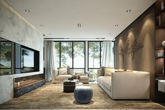 Living room with a long sofa, warm timber walls and floor-to-ceiling windows
